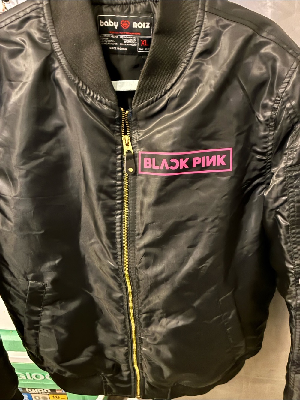Black Satin Puffer Bomber with Pink Blackpink Chest Logo